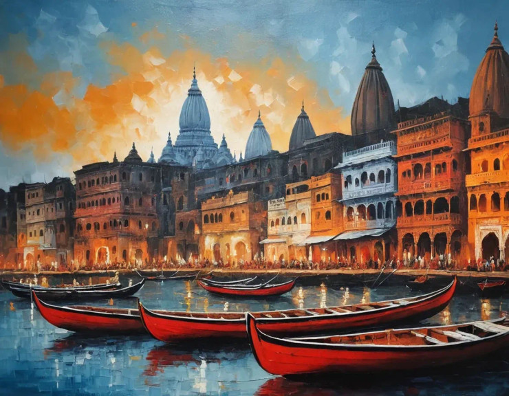 Varanasi Ghat Painting (ART-3319-117647) - Handpainted Art Painting - 48in X 36in