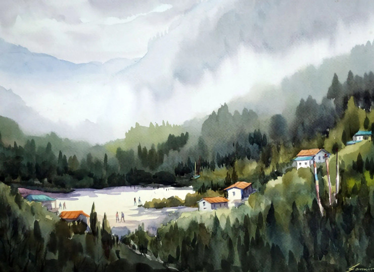 Cloudy Himalayan Mountain Valley (ART-1232-117661) - Handpainted Art Painting - 17in X 11in