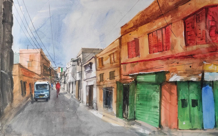 City (ART-7901-117728) - Handpainted Art Painting - 22in X 14in