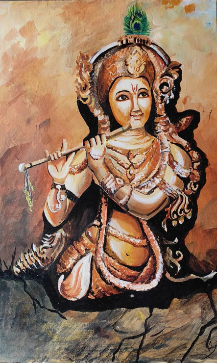 Krishna (ART-7901-117713) - Handpainted Art Painting - 14in X 20in