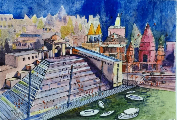 Water Color Kashi Vishwanath (ART-8950-117672) - Handpainted Art Painting - 12in X 8in