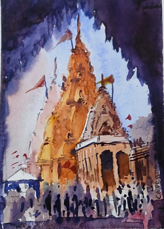 VARANASI GHAT (ART-8950-117757) - Handpainted Art Painting - 8in X 8in