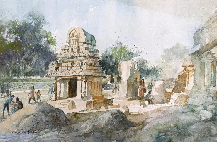 MAHABALIPURAM (ART-662-117814) - Handpainted Art Painting - 17in X 11in