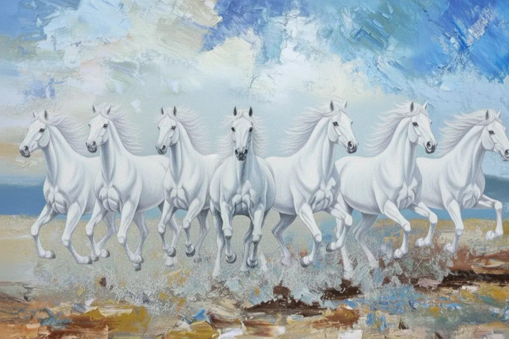 7 Running Horses As Per Vastu (ART-3319-117773) - Handpainted Art Painting - 36in X 24in