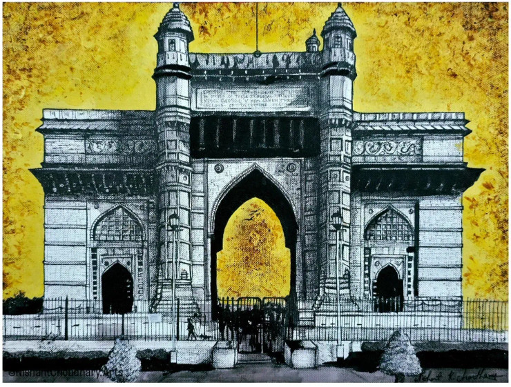 Golden Gateway : Gateway Of India, Mumbai (ART-17843-117801) - Handpainted Art Painting - 16in X 12in