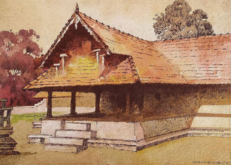CUTE KERALA TEMPLE (ART-662-117777) - Handpainted Art Painting - 14in X 10in