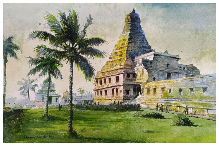 THANJAVUR BIG TEMPLE (ART-662-117833) - Handpainted Art Painting - 17in X 11in