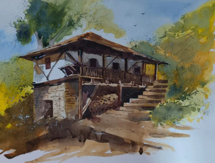 House In Village (ART-8950-117819) - Handpainted Art Painting - 18in X 12in