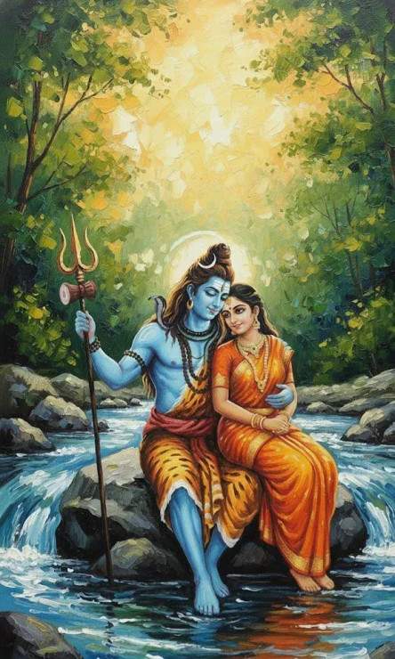 Shiv Parvati Painting (ART-3319-117871) - Handpainted Art Painting - 24in X 40in