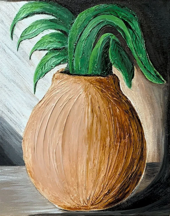 Coconut Pot Acrylic Textured Painting (ART-17984-117880) - Handpainted Art Painting - 8in X 10in