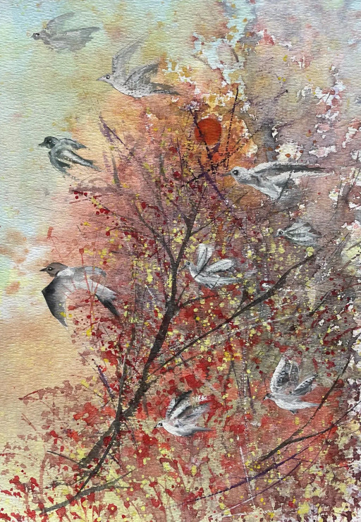 Flock Of Birds (ART-8841-117841) - Handpainted Art Painting - 8in X 11in