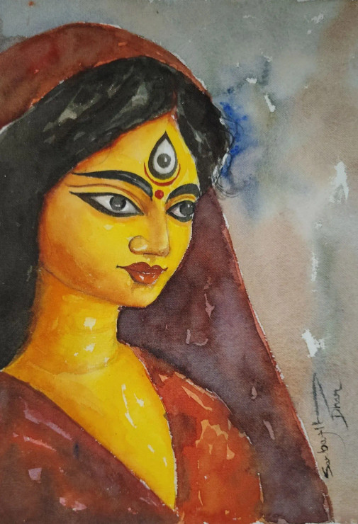 Maa Durga (ART-17209-117892) - Handpainted Art Painting - 11in X 15in