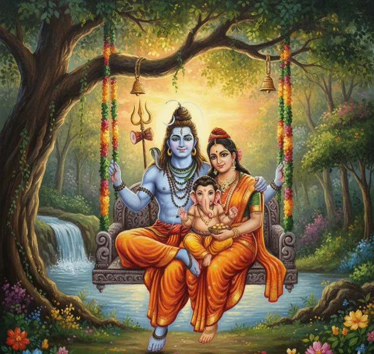 THE DIVINE FAMILY OF LORD SHIVA- SHIV PARIWAR (ART-3319-117913) - Handpainted Art Painting - 36in X 30in