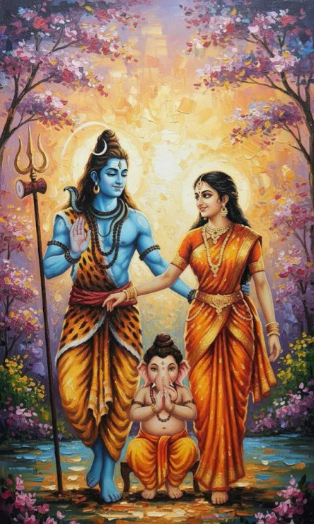 The Divine Family Of Lord Shiva (ART-3319-117914) - Handpainted Art Painting - 30in X 48in