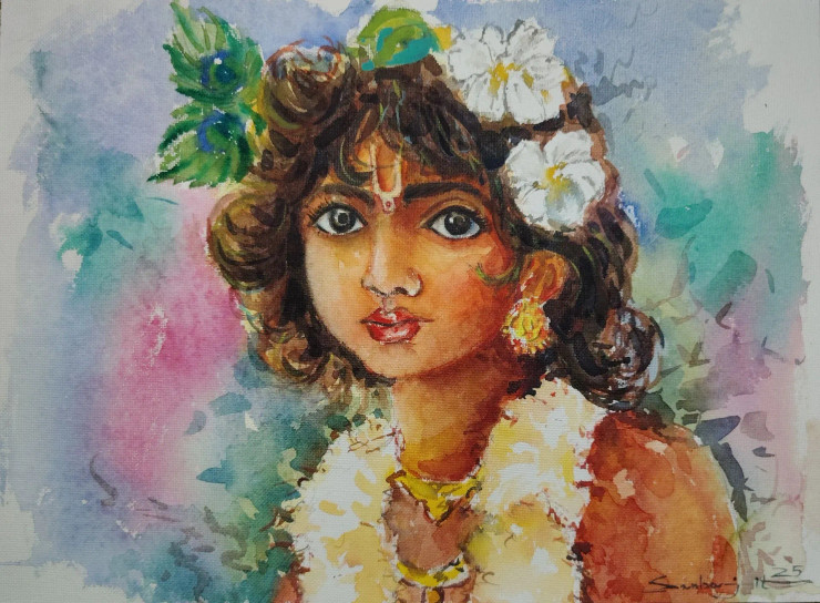 Krishna (ART-17209-117976) - Handpainted Art Painting - 15in X 11in
