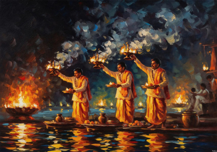Aarti Of The Divine Waters (PRT-15697-118013) - Canvas Art Print - 60in X 42in