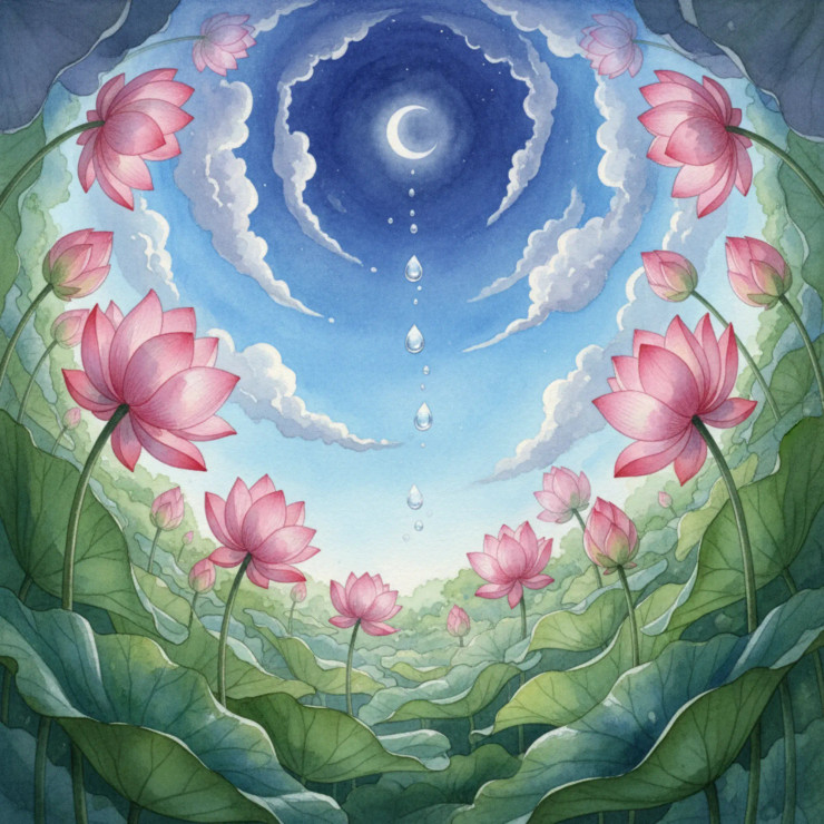 Celestial Lotus Dreamscape – Watercolor Night Blossom Fantasy Art (PRT-8429-118025) - Canvas Art Print - 24in X 24in