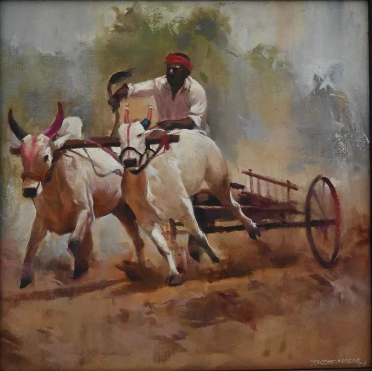 Bull Race (ART-16674-117997) - Handpainted Art Painting - 14in X 14in