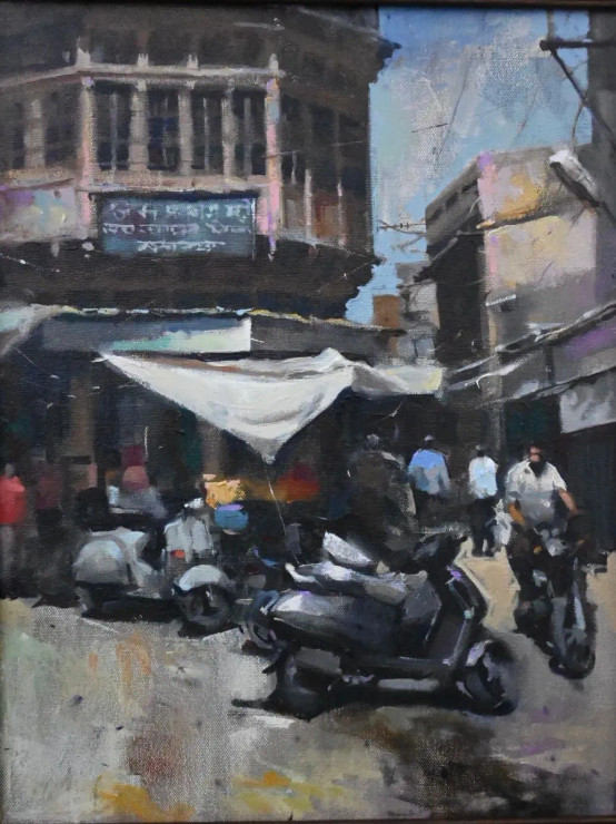 Indian Street (ART-16674-117995) - Handpainted Art Painting - 12in X 16in