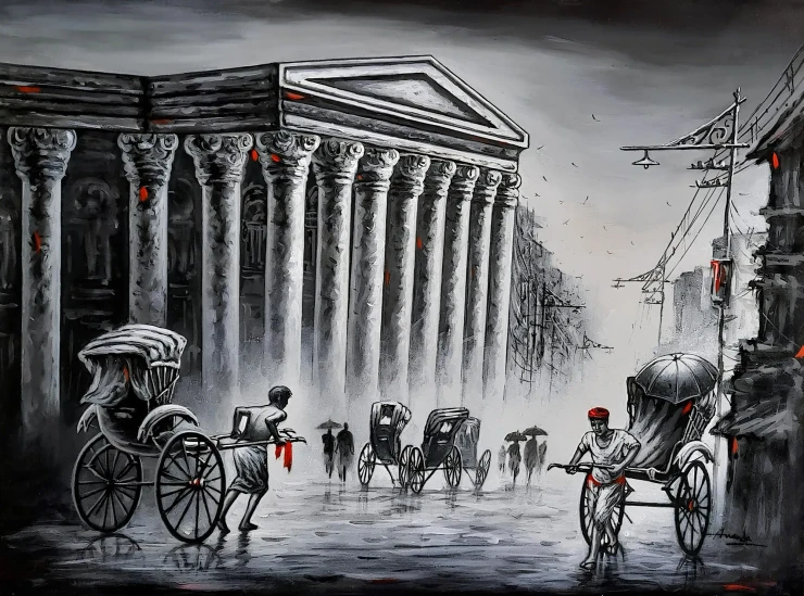 Auspice Of Calcutta: Wheels Of Fortune (ART-7456-117973) - Handpainted Art Painting - 40in X 30in