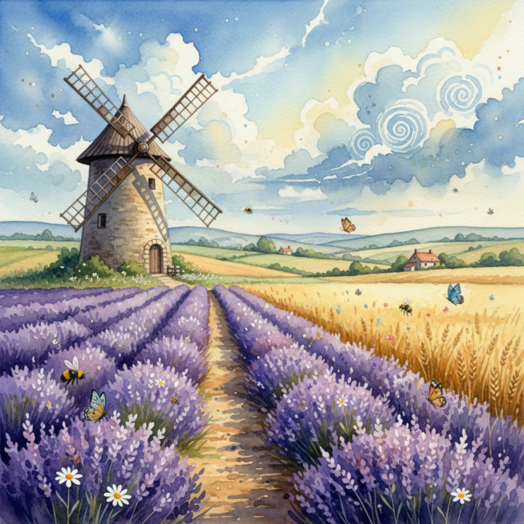 “Lavender Breeze Horizon – Countryside Windmill Watercolor Escape (PRT-8429-118047) - Canvas Art Print - 24in X 24in