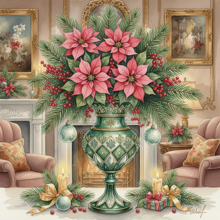 Regal Poinsettia Elegance – Christmas Floral Grandeur In Watercolor (PRT-8429-118070) - Canvas Art Print - 24in X 24in