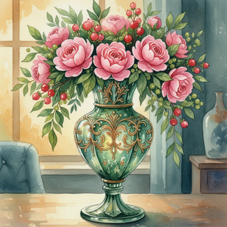 Emerald Rose Harmony – Timeless Floral Elegance In Watercolor (PRT-8429-118071) - Canvas Art Print - 24in X 24in