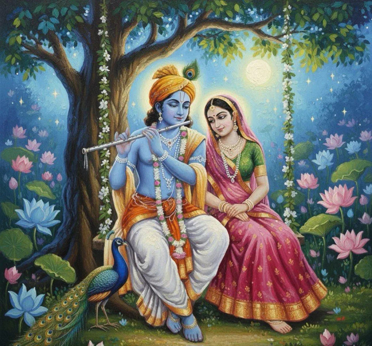 "Radha Krishna Jhula (Swing) Painting Handmade" (ART-3319-118093) - Handpainted Art Painting - 40in X 30in