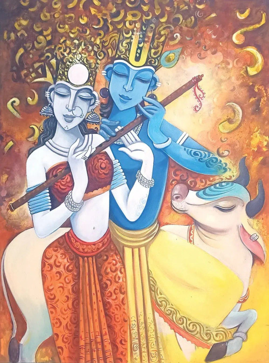 Learning The Flute” (ART-17224-117999) - Handpainted Art Painting - 48in X 36in