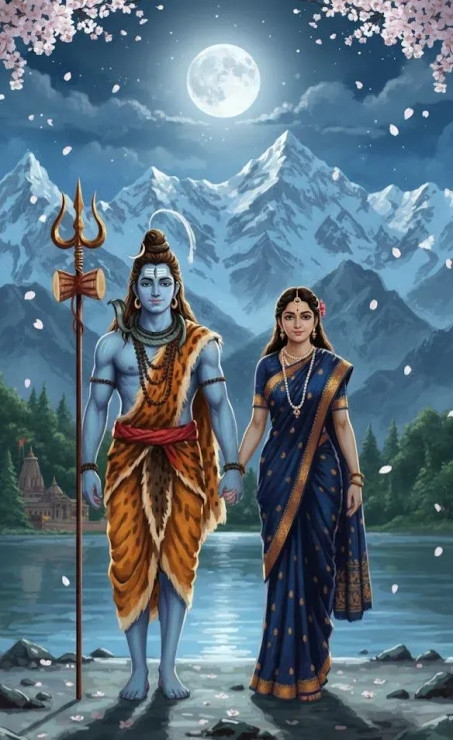 "Divine Union Shiva Parvati Painting" (ART-3319-118096) - Handpainted Art Painting - 24in X 48in