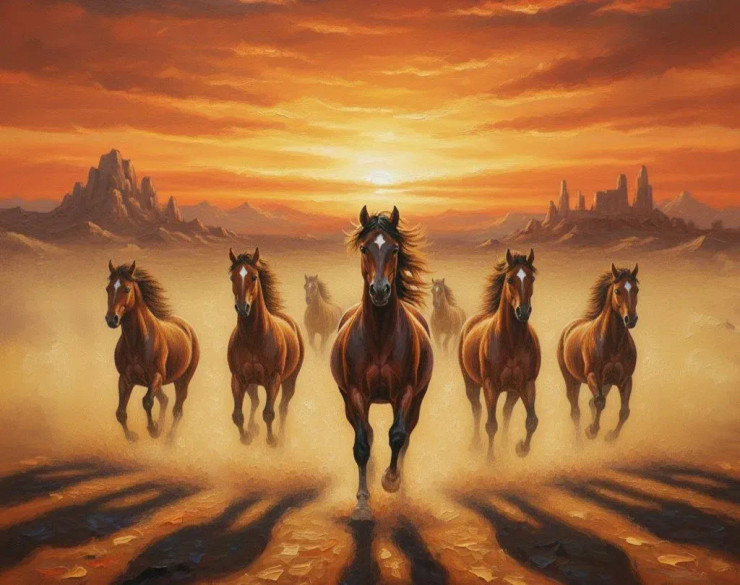 7 Running Horses Vastu (ART-3319-118114) - Handpainted Art Painting - 36in X 24in