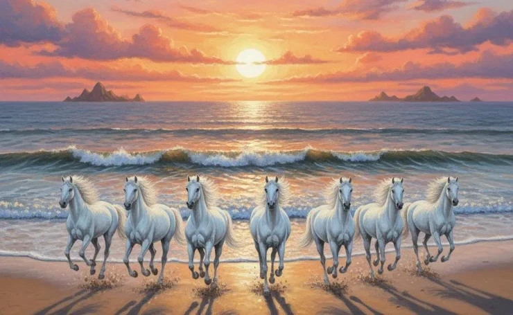 7 Running Horses Vastu (ART-3319-118116) - Handpainted Art Painting - 36in X 24in