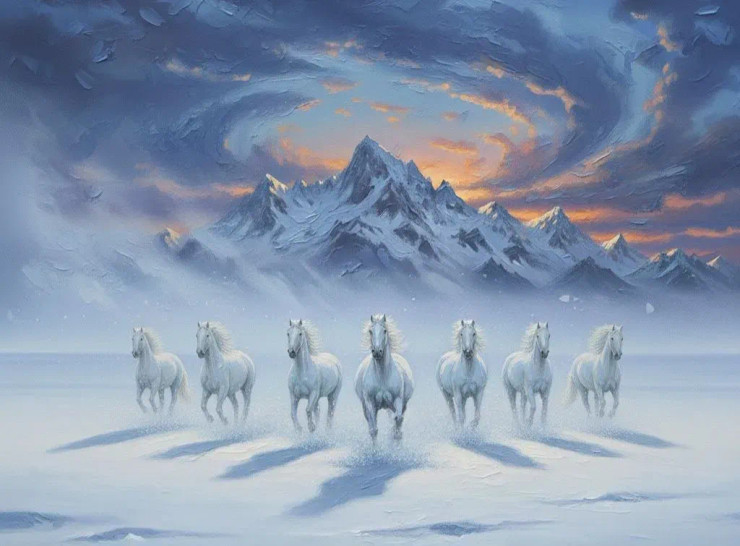 7 Running Horses Vastu (ART-3319-118115) - Handpainted Art Painting - 36in X 24in
