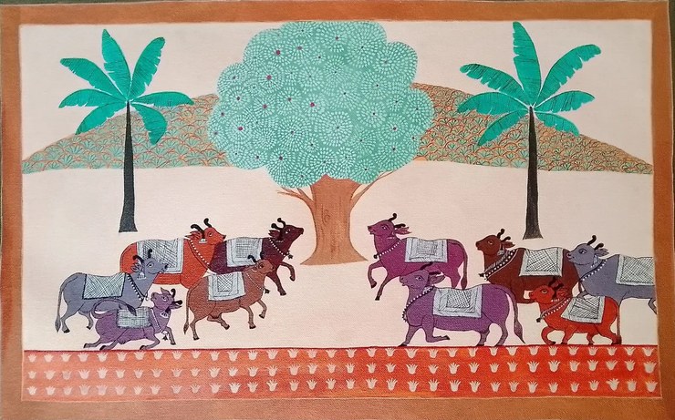 "My Cows" (ART-17469-118252) - Handpainted Art Painting - 20in X 15in