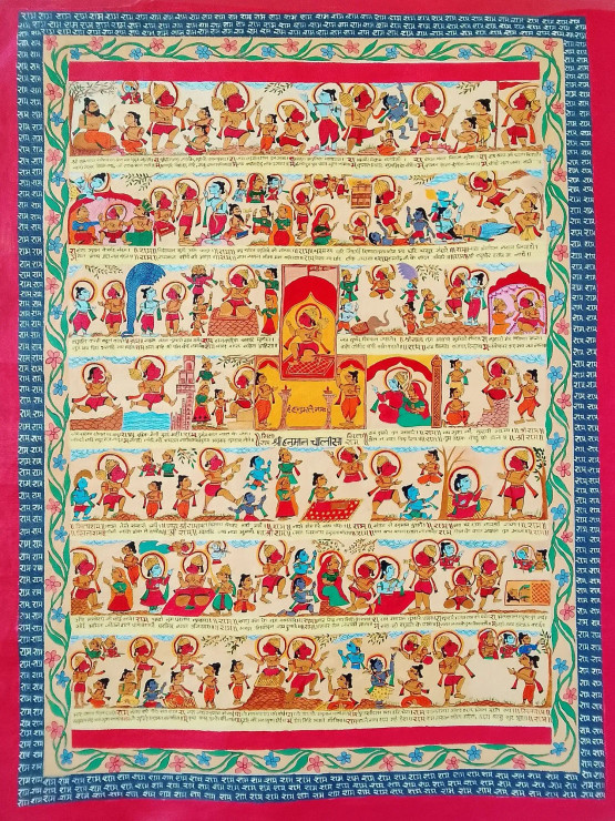 "Hanuman Chalisa" Painting (ART-17469-118253) - Handpainted Art Painting - 22in X 28in