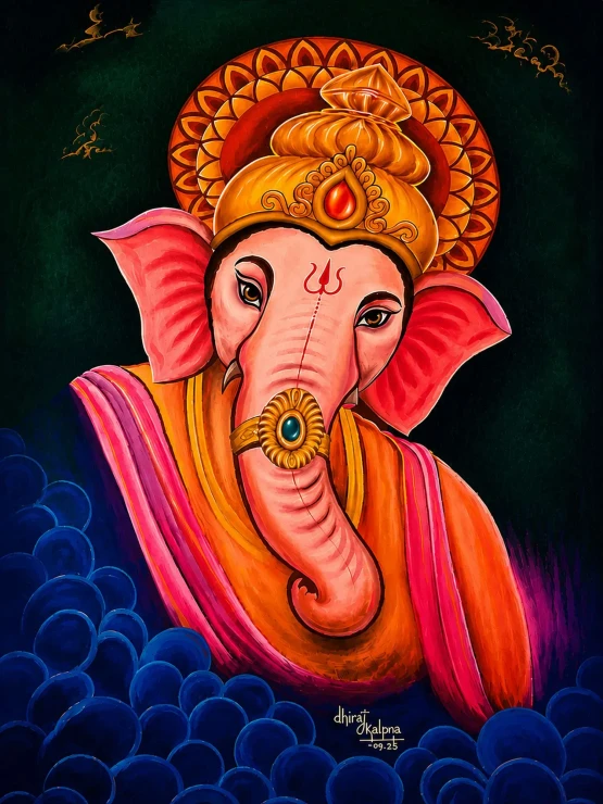 Lord Ganesha (ART-17787-118205) - Handpainted Art Painting - 17in X 32in