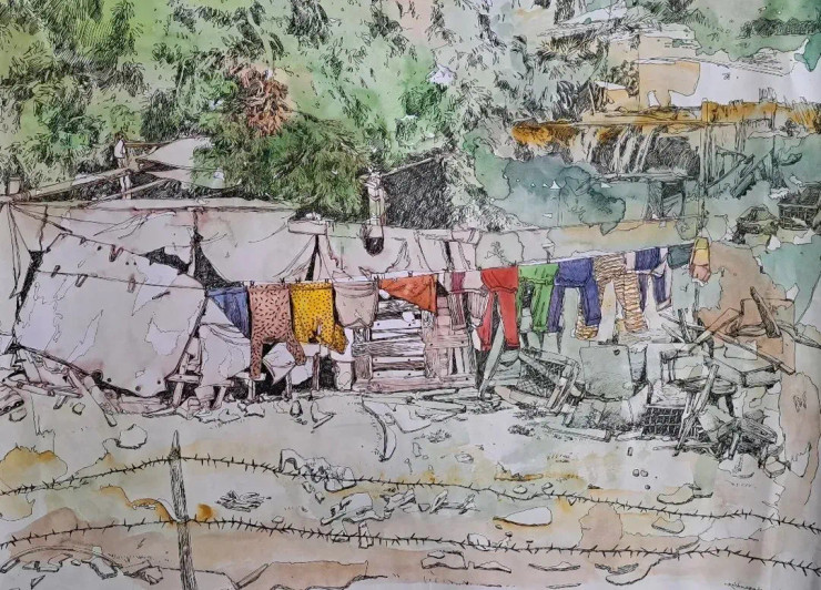 Village Area (ART-18009-118356) - Handpainted Art Painting - 30in X 22in