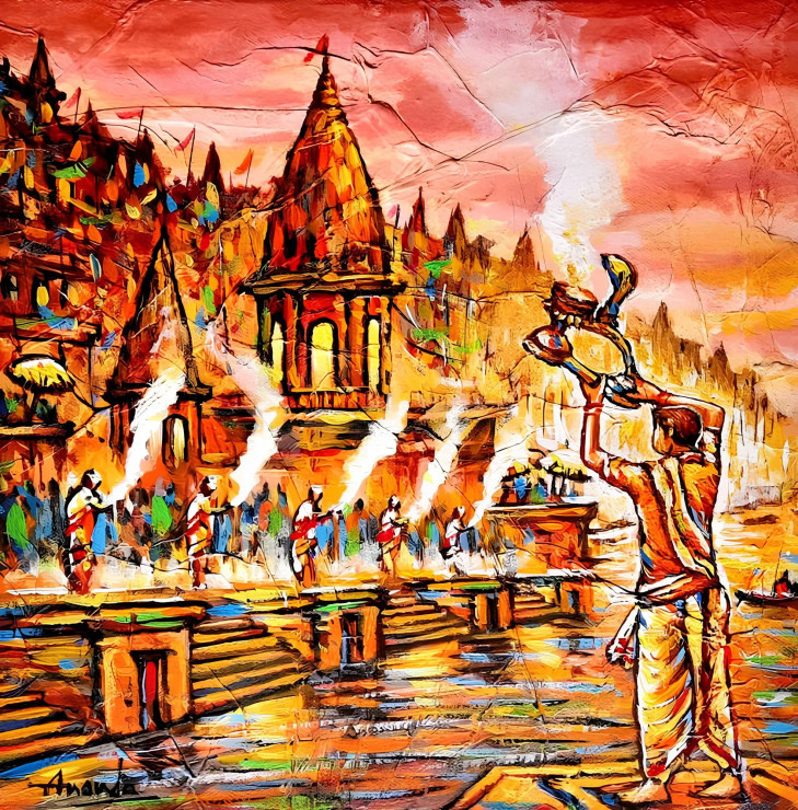 Eternal Radiance: Ghats Of Kashi & The Celestial Aarti (ART-7456-118303) - Handpainted Art Painting - 12in X 12in