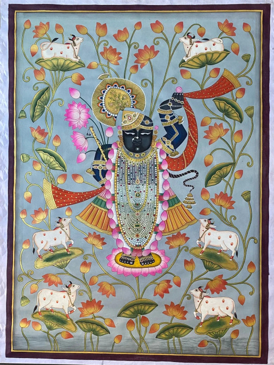 Pichwai Handmade Painting (ART-8266-118370) - Handpainted Art Painting - 36in X 48in
