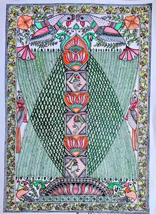 Bamboo Structure Madhubani Painting By Artistic Dreamzone (ART-17998-118443) - Handpainted Art Painting - 11in X 16in