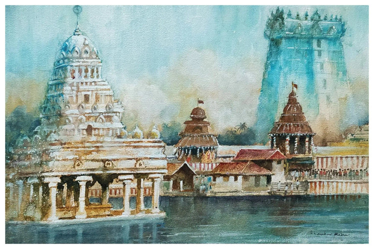 SUCHINDRAM TEMPLE TANK (ART-662-118386) - Handpainted Art Painting - 17in X 11in