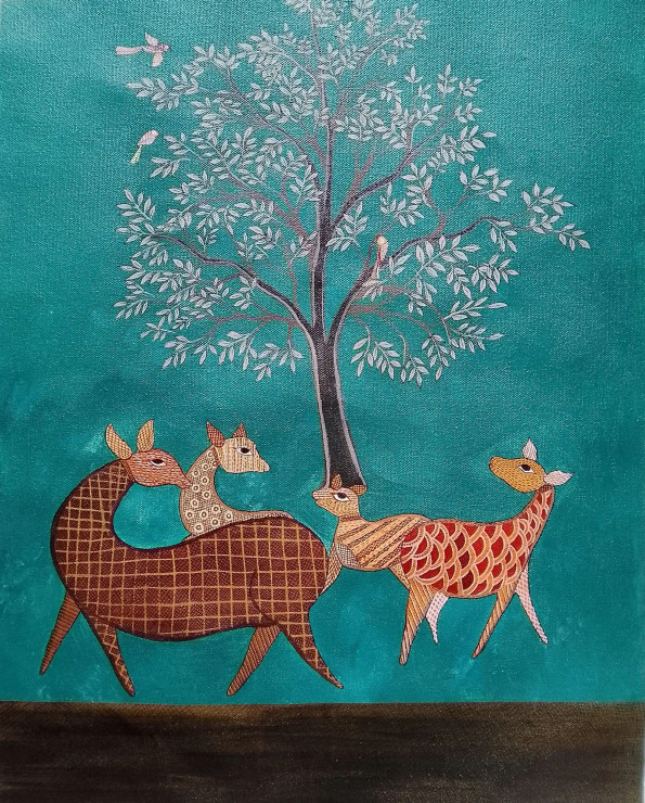 "Hum Do Hamare Do" (ART-17469-118255) - Handpainted Art Painting - 15in X 22in