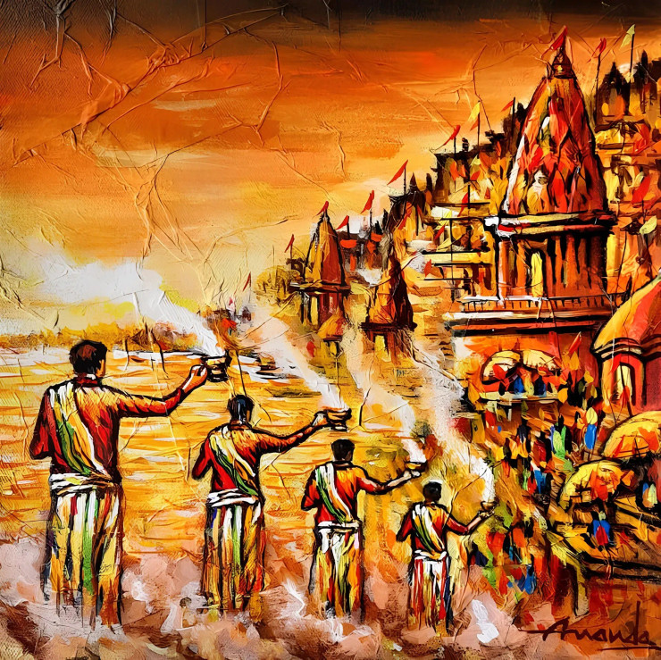 Alchemy Of Kashi Light: Ganga Aarti At The Threshold Of Time (ART-7456-118304) - Handpainted Art Painting - 12in X 12in