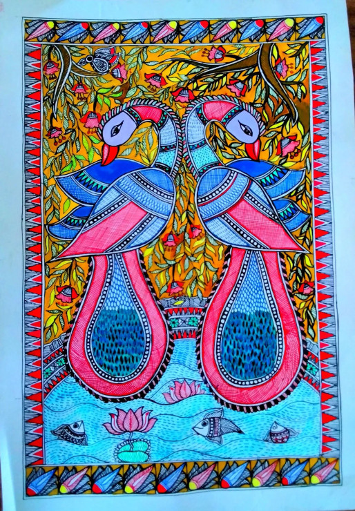 Couple Peacock Madhubani Painting By Artistic Dreamzone (ART-17998-118429) - Handpainted Art Painting - 8in X 11in