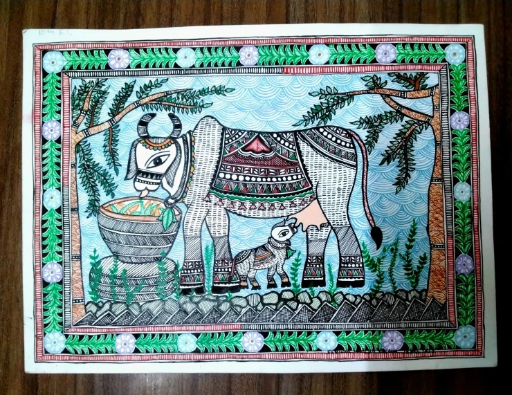 Handmade Madhubani Painting Of Cow By Artistic Dreamrealm (ART-17998-118424) - Handpainted Art Painting - 11in X 8in