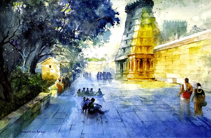 MADURAI MEENAKSHI AMMAN TEMPLE (ART-662-118421) - Handpainted Art Painting - 17in X 11in