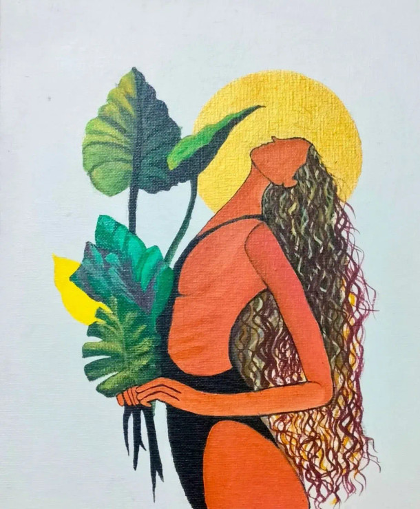 Botanical Muse: Sun-Kissed Figure With Tropical Leaves (ART-17990-118144) - Handpainted Art Painting - 12in X 16in