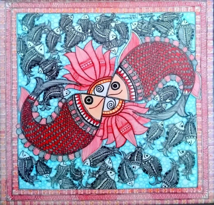 Fishes In A Pond Madhubani Painting By Artistic Dreamzone (ART-17998-118431) - Handpainted Art Painting - 11in X 11in