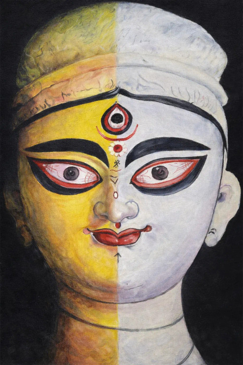 The Divine Godess Durga (ART-18033-118489) - Handpainted Art Painting - 12in X 16in