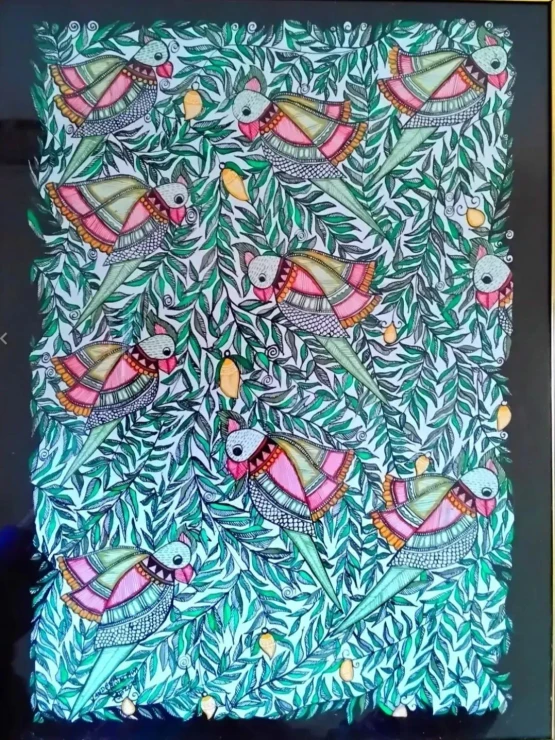 Birds Handmade Madhubani Painting By Artistic Dreamrealm (ART-17998-118433) - Handpainted Art Painting - 11in X 16in